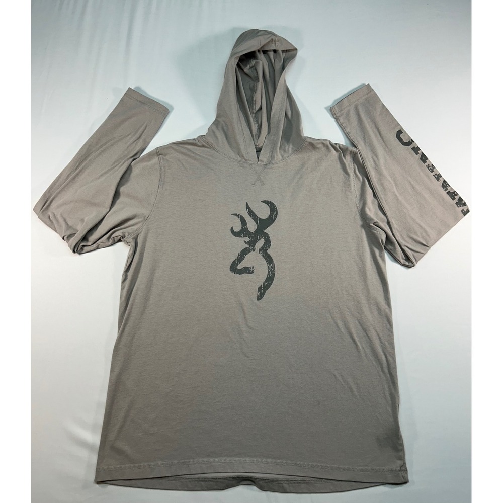 Browning Mens Gray Hooded Long Sleeve Graphic T-Shirt Buckmark Logo Size Large